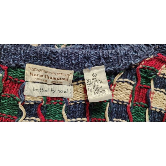 Norm Thompson Mens Cotton Hand-Knitted Sweater Multicolor Patchwork Pattern Sz M - Picture 7 of 9